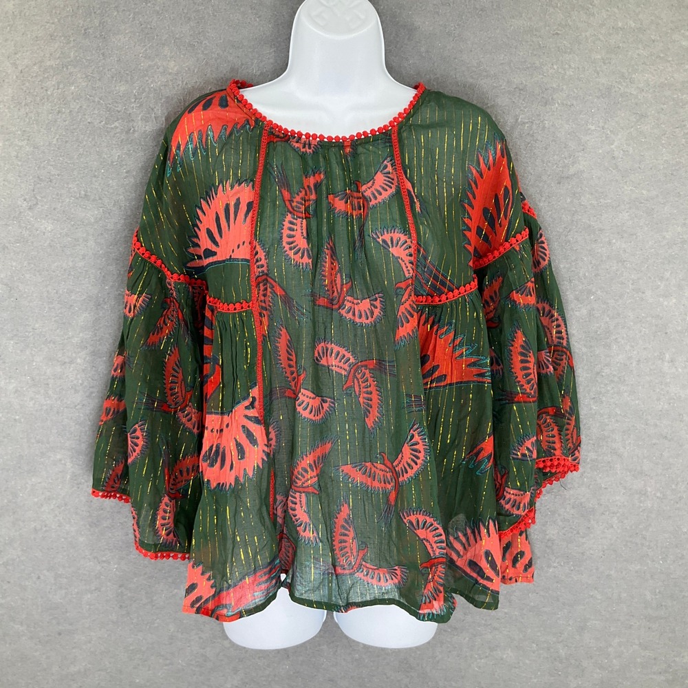 Rachel Zoe Top Womens Sz M Green Orange Bird Print Metallic Boho Blouse